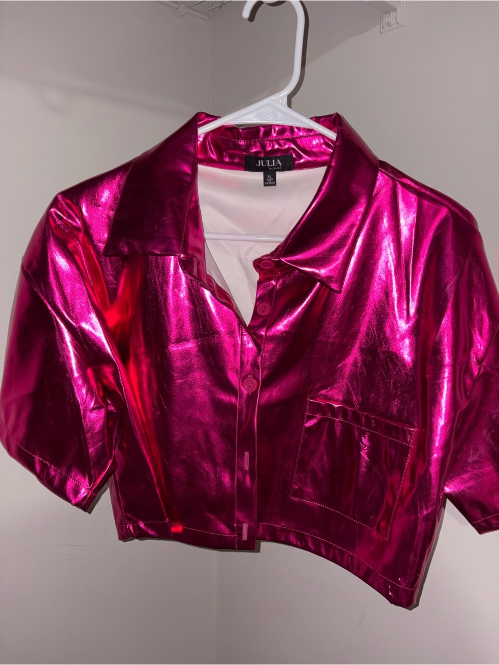 Metallic Hot Pink Button-Up Crop Top